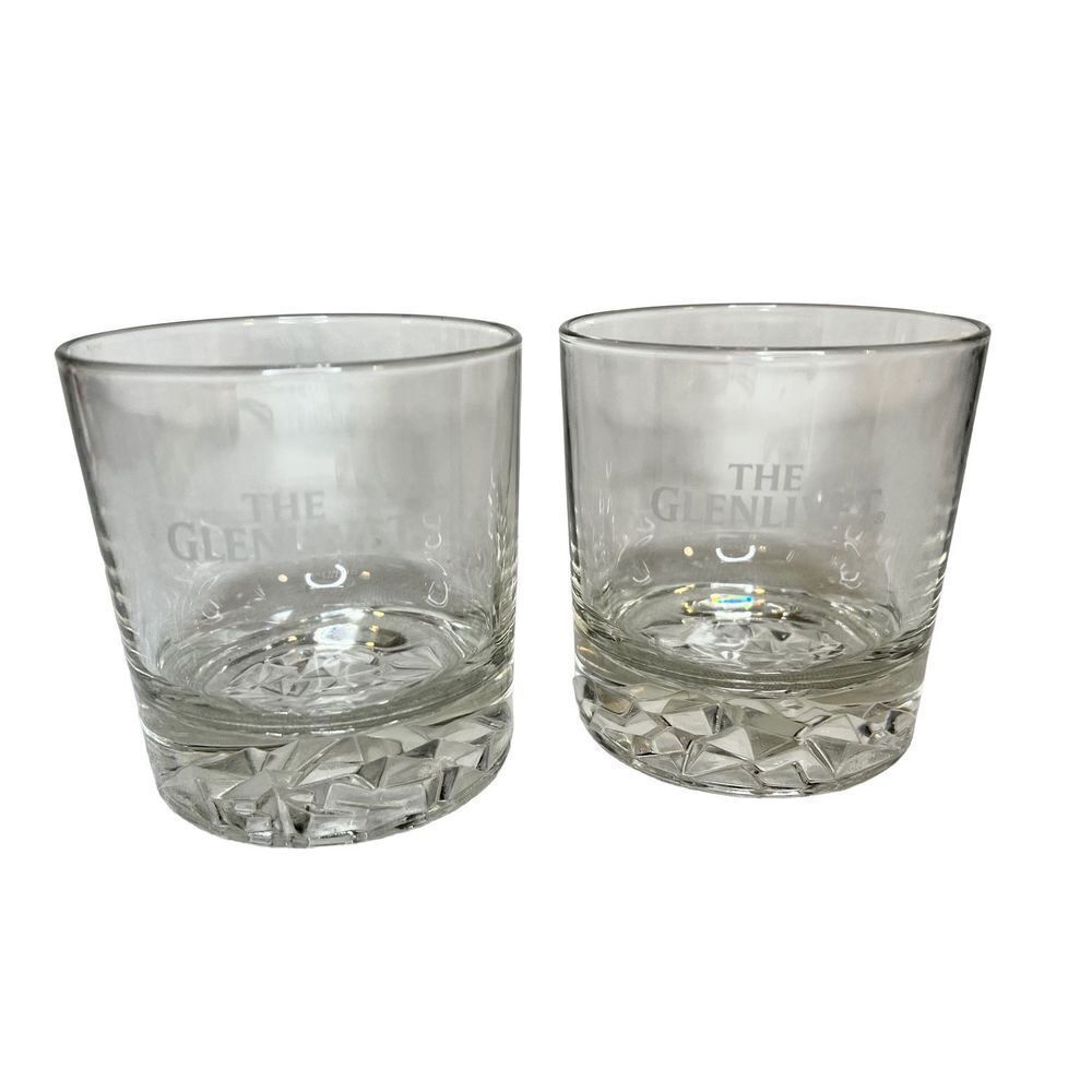Collectible Set of 2 Heavy Diamond Cut The Glenlivet Rocks Whiskey Glasses EC